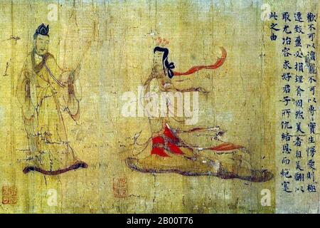 Cina: Il rotolo delle ammonizioni, scena 10 - l'Imperatore rifiuta la sua Consort (copia del British Museum). Il rotolo di Admonizioni è un dipinto narrativo cinese su seta che è tradizionalmente attribuito a GU Kaizhi (c.345-c.406 CE), ma che la borsa di studio moderna considera come un'opera del V-VIII secolo che può essere una copia di un dipinto originale della dinastia Jin (265-420 CE) di GU Kaizhi. Il titolo completo del dipinto è ammonizioni dell'istruttore di corte (cinese: Nushi Zhentu). Fu dipinto per illustrare un testo poetico scritto nel 292 dal poeta ufficiale Zhang Hua (232–300). Foto Stock