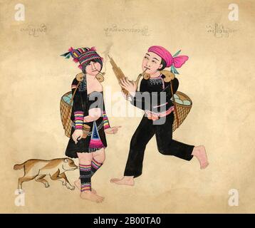 Birmania/Myanmar: Una donna Akha con tubo e cane è serenata da un uomo Akha con un flauto. Un acquerello disegnato a mano e colorato della fine del XIX secolo da un artista birmano sconosciuto. Il nome del gruppo etnico in primo piano appare nella parte superiore dell'immagine in Shan script (a sinistra), Burmese script (Centro) e Khun script (a destra). Lo script Khun è stato precedentemente utilizzato in Kengtung/Kyaingtong nello stato orientale dello Shan e in LAN Na o Lanna, nel nord della Thailandia. Foto Stock