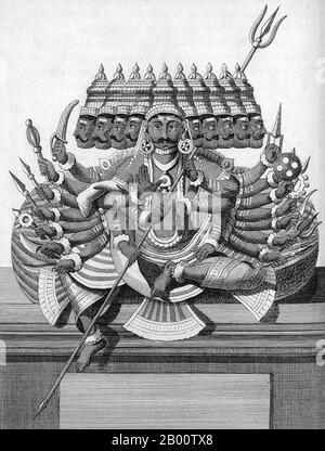 India: 'Ravana, demone a metà Brahmin dominatore di Lanka (Ceylon) che è stato sconfitto da Rama'. Illustrazione di Pierre Sonnerat (1748-1814), 1782. Pierre Sonnerat (1748-1814) è stato un naturalista ed esploratore francese che ha compiuto diversi viaggi nel sud-est asiatico tra il 1769 e il 1781. Ha pubblicato questo resoconto in due volumi del suo viaggio del 1774-81 nel 1782. Il volume 1 si occupa esclusivamente dell'India, la cui cultura Sonnerat molto ammirata, ed è particolarmente degno di nota per la sua estesa discussione sulla religione in India, in particolare l'Induismo. Il libro è illustrato con incisioni basate sui disegni di Sonnerat. Foto Stock