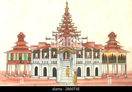 Birmania/Myanmar: Hpong-gyee kyong, un monastero. Questo dipinto, di un artista birmano sconosciuto, è tratto da un album di acquerello risalente al 1897 circa che comprende illustrazioni di monaci buddisti, il Buddha, monasteri, cremazioni e scene domestiche. La leggenda attribuisce la prima dottrina buddista in Birmania al 228 a.C. quando Sohn Utttar Sthavira, uno dei monaci reali dell'imperatore Ashoka il Grande dell'India, venne nel paese con altri monaci e testi sacri. Tuttavia, l'era del Buddismo iniziò veramente nell'XI secolo dopo che il Re Anawrahta di Pagan (Bagan) fu convertito al Buddismo Theravada. Foto Stock