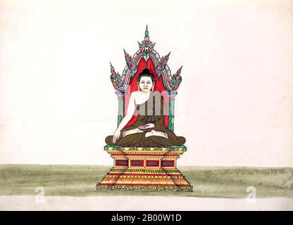 Birmania/Myanmar: Baudee Pallin, il Buddha in meditazione. Questo dipinto, di un artista birmano sconosciuto, è tratto da un album di acquerello risalente al 1897 circa che comprende illustrazioni di monaci buddisti, il Buddha, monasteri, cremazioni e scene domestiche. La leggenda attribuisce la prima dottrina buddista in Birmania al 228 a.C. quando Sohn Utttar Sthavira, uno dei monaci reali dell'imperatore Ashoka il Grande dell'India, venne nel paese con altri monaci e testi sacri. Tuttavia, l'era del Buddismo iniziò veramente nell'XI secolo dopo che il Re Anawrahta di Pagan (Bagan) fu convertito in Buddismo. Foto Stock