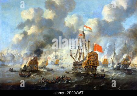 Marittimo: "L'incendio della flotta inglese al largo di Chatham, 20 giugno 1667". Olio su tavola di Peter Van de Velde (1634-1723), c. 1670. L'incursione sulla Medway, talvolta chiamata Battaglia di Medway o Battaglia di Chatham, fu un attacco olandese riuscito alle più grandi navi navali inglesi, disposte nei cantieri navali della loro base navale principale Chatham, che si è svolta nel giugno 1667 durante la seconda guerra anglo-olandese. Foto Stock