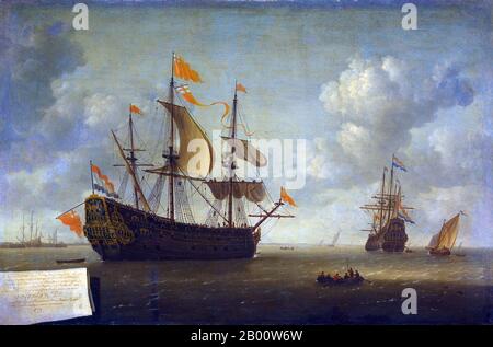 Marittimo: 'L'arrivo del Carlo reale'. Olio su tela dipinto di Jeronymus van Diest II (1631-1687), 1667. L'incursione sulla Medway, talvolta chiamata Battaglia di Medway o Battaglia di Chatham, fu un attacco olandese di successo contro le più grandi navi navali inglesi, disposte nei cantieri navali della loro base navale principale Chatham, che ebbe luogo nel giugno 1667 durante la seconda guerra anglo-olandese. Gli olandesi, sotto il comando nominale del tenente-ammiraglio Michiel de Ruyter, bombardarono e poi catturarono la città di Sheerness, salirono sul Tamigi fino a Gravesend, poi salirono sul fiume Medway fino a Chatham. Foto Stock