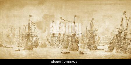 Maritime: 'L'attacco fallito degli inglesi sulla flotta di ritorno [ing VOC] nel porto di Bergen, Norvegia, 12 agosto 1665: Un episodio della seconda guerra anglo-olandese'. Olio e inchiostro su tela di Willem Van De Velde il Vecchio (1611-1693), c.. 1666. Nel luglio 1665 Lord Sandwich, comandante della flotta inglese, portò le sue navi in mare sperando di sfruttare la recente vittoria sugli olandesi a Lowestoft. I suoi due obiettivi erano lo squadrone di de Ruyter, legato a casa dall’Africa occidentale e dalle Americhe, e un ricco convoglio VOC, che arrivò due volte all’anno dalle Indie Orientali, carico di spezie, gemme e beni di lusso. Foto Stock