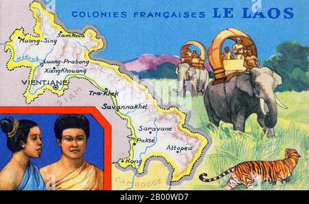 Laos: 'Colonies Francaises le Laos': Cartolina dal periodo coloniale di Indochine Francaise/Indochina Francese. La prima Guerra Indocina (conosciuta anche come la Guerra Francese Indocina, la Guerra Anti-Francese, la Guerra Franco-Vietnamita, la Guerra Franco-Vietminh, la Guerra Indocina, la Guerra Dirty in Francia, E la guerra di resistenza anti-francese nel Vietnam contemporaneo) fu combattuta in Indochina francese dal 19 dicembre 1946, fino al 1 agosto 1954, tra il corpo espediente francese dell'Unione, guidato dalla Francia e sostenuto dall'esercito nazionale vietnamita dell'imperatore Bảo Đại contro il Việt Minh, guidato da Hồ Chí Minh. Foto Stock