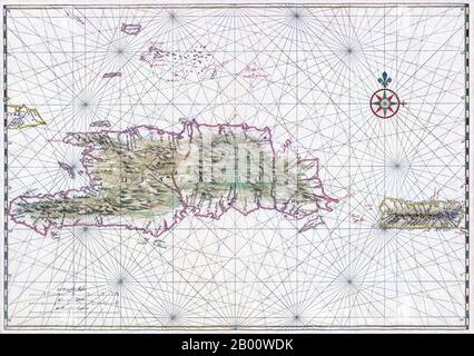 Hispaniola: Carta nautica di Haiti, Repubblica Dominicana e Porto Rico di Johannes Vingboons (1616-1670), 1639. Una mappa nautica del 1639 di Hispaniola (centro-sinistra), l'isola più popolosa delle Americhe, e Porto Rico (destra). Il nome originariamente dato da Cristoforo Colombo, che fondò qui le prime colonie europee nel nuovo mondo durante i suoi primi due viaggi, fu la Isla Espanola (l'isola spagnola), abbreviata in Espanola e poi latinizzata in Hispaniola. Foto Stock