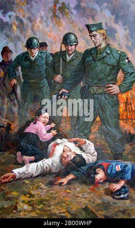 Corea: Una rappresentazione di presunti crimini di guerra americani durante la guerra di Corea (1950-1953) in mostra al Sinchon-Ri Museum, Corea del Nord (DPRK). All'inizio della guerra di Corea nel 1950 la città di Sinchon in Corea del Nord era presumibilmente il luogo di un massacro di civili da parte delle forze di occupazione degli Stati Uniti. Fonti nordcoreane affermano il numero di civili uccisi nel periodo di 52 giorni in oltre 35000 persone; equivalente ad un quarto della popolazione della contea al tempo. Il governo nordcoreano ha gestito il Sinchon Museum of American War Aatrocities a Sinchon Town dal 1958, mostrando reliquie e resti. Foto Stock