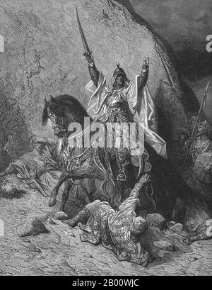 Egitto/Siria: Rappresentazione ottocentesca di un saladino vittorioso. Incisione di Gustave Doré (1832-1883), XIX secolo. Ṣalāḥ ad-Dīn Yūsuf ibn Ayyūb (c.. 1138 – 4 marzo 1193), meglio conosciuto nel mondo occidentale come Saladin, è stato un musulmano curdo, che divenne il primo sultano Ayyubid d'Egitto e Siria. Guidò l'opposizione islamica ai Franchi e ad altri Crociati europei nel Levante. All'apice del suo potere, governò Egitto, Siria, Mesopotamia, Hejaz e Yemen. Guidò i musulmani contro i Crociati e infine riconquistò la Palestina dal regno crociato di Gerusalemme. Foto Stock