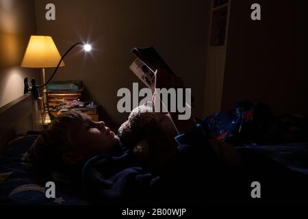Ragazzo di 9 anni che legge un libro di Enid Blyton di notte nella sua camera da letto, Inghilterra, Regno Unito Foto Stock