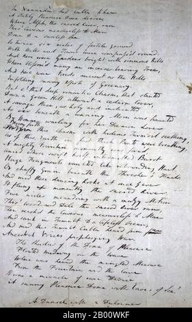 Inghilterra: Bozza del poema di Samuel Taylor Coleridge 'Kubla Khan', 1797. Il filosofo e poeta inglese Samuel Taylor Coleridge (1772–1834), più famoso per le sue poesie Rime of the Ancient Mariner e Kubla Khan. Coleridge era un membro dei Poeti del lago che, con il suo amico William Wordsworth, fondò il movimento romantico in Inghilterra. Ha anche contribuito a introdurre l'idealismo tedesco nella cultura di lingua inglese ed è stato influente sul trascendentalismo americano (via Ralph Waldo Emerson). Coleridge ha sofferto di attacchi paralizzanti di ansia e depressione, che ha scelto di trattare con l'oppio. Foto Stock