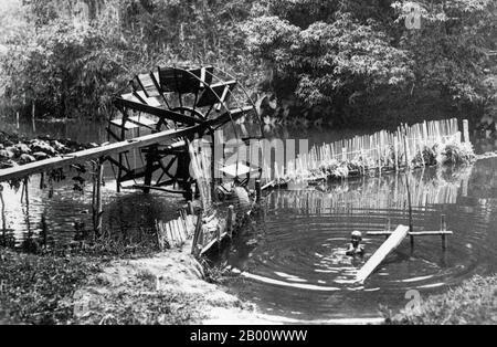 Thailandia: Una ruota ad acqua alimentata dalla corrente del Nam Mun, un affluente del Mekong, nel 1924. Il fiume Mekong è il dodicesimo fiume più lungo del mondo. Dalla sua fonte himalayana sull'altopiano tibetano, scorre circa 4,350 km (2,703 miglia) attraverso la provincia cinese dello Yunnan, la Birmania, il Laos, la Thailandia, la Cambogia e il Vietnam, infine drenando nel Mar Cinese Meridionale. La recente costruzione di dighe idroelettriche sul fiume e sui suoi affluenti ha ridotto drasticamente il flusso d'acqua durante la stagione secca nel sud-est asiatico. Foto Stock