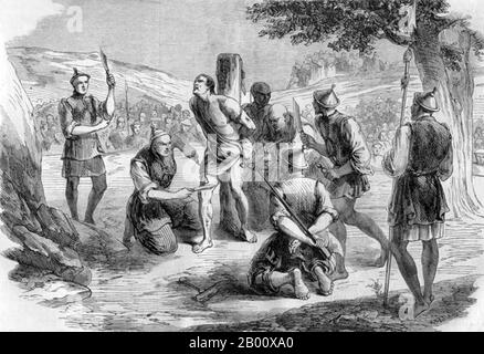 Cina: 'Morte di mille tagli' - un'illustrazione del 1858 della tortura e dell'esecuzione di un missionario francese in Cina con il metodo di affettamento lento. "Slow Slicing" (pinyin: língchí, alternativamente traslitterato Ling Chi o Leng T'che), anche tradotto come il lento processo, la morte persistente, o morte da mille tagli, è stata una forma di esecuzione usata in Cina da circa 900 CE fino alla sua abolizione nel 1905. In questa forma di esecuzione, la persona condannata è stata uccisa utilizzando un coltello per rimuovere metodicamente porzioni del corpo per un periodo di tempo prolungato. Foto Stock