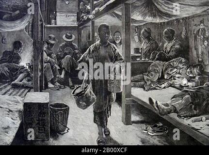 USA: 'An Opium Den a San Francisco'. Illustrazione di Henry Francois Farny (1847-1916), c.. 1890. La Chinatown di San Francisco era il porto d'ingresso dei primi Hoisanesi e Zhongshanesi. Immigrati cinesi dalla provincia meridionale del Guangdong in Cina dal 1850 al 1900. L'area era l'unica regione geografica deed dal governo della città e dai proprietari di proprietà private che hanno permesso alle persone cinesi di ereditare e di abitare le abitazioni all'interno della città. Foto Stock