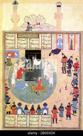 Arabia: Un’illustrazione mitologica del XVI secolo di Alessandro Magno inginocchiato davanti ai Kaaba in Mecca, dal ‘Libro di Alessandro’, l’ultimo di cinque poesie classiche che compongono il ‘Khamsa’ del poeta persiano Nezami Ganjavi. Nezami-ye Ganjavi (1141-1209) è considerato il più grande poeta epico romantico della letteratura persiana, che ha portato uno stile colloquiale e realistico all'epica persiana. Il suo patrimonio è ampiamente celebrato e condiviso in Afghanistan, Azerbaigian, Iran e Tagikistan. Nezami è meglio conosciuto per i suoi cinque lunghi poemi narrativi, il ‘Panj Ganj’ o ‘Khamsa’ (persiano: Cinque Gioielli). Foto Stock