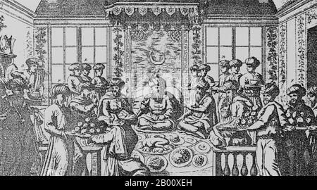 Francia/Turchia: Mehmet Efendi, che nel 1720 divenne il primo ambasciatore ottomano a Parigi, viene servito un pasto sontuoso da circa 20 servitori. Yirmisekiz Celebi Mehmet Efendi fu un ispettore militare degli eserciti ottomani che divenne diplomatico e fu selezionato dal sultano Ahmed III come primo ambasciatore dell'impero nella Francia di Loius XV. Fu anche poeta che scriveva con il nome di penna ‘Faizi’. Ha scritto un interessante resoconto delle sue esperienze in Francia nel libro turco dei viaggi diplomatici, ‘Sefaretname’. Foto Stock