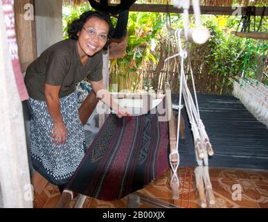 Thailandia: Una cooperativa di tessitura, Ban Na Pa Nat Tai Dam Villaggio Culturale, Provincia di Loei. La Diga di Tai o Tai Nero sono un gruppo etnico che si trova in alcune parti del Laos, Vietnam, Cina e Thailandia. I parlanti di Tai Dam in Cina sono classificati come parte della nazionalità dai insieme a quasi tutti gli altri popoli Tai. Ma in Vietnam loro viene data la propria nazionalità (con il Tai Bianco), dove sono classificati come la nazionalità Thái (che significa popolo Tai). La diga di Tai ha origine dalle vicinanze di Dien Bien Phu in Vietnam. Foto Stock