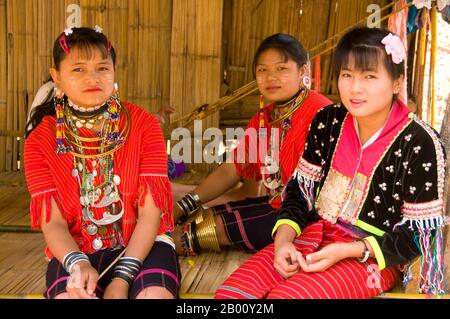 Thailandia: Karen lunghe orecchie donne e comune Karen donna (a destra), Karen Long Neck Village e Seven Tribe Village, vicino Mae Taman, a nord di Chiang mai. Il popolo Karen o Kayin (PWA Ka Nyaw PoE o Kanyaw in Shaw Karen e Phan in PoE Karen; Kariang o Yang in Thai), è un gruppo etnico di lingua sino-tibetana che risiede principalmente nella Birmania meridionale e sudorientale (Myanmar). I Karen costituiscono circa il 7% della popolazione totale birmana di circa 50 milioni di persone. Un gran numero di Karen risiede anche in Thailandia, per lo più al confine tra Thailandia e Burmese. Foto Stock