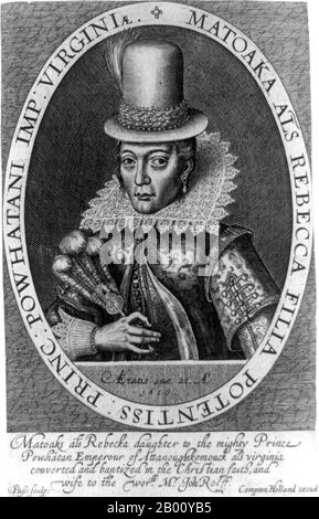 USA: Pocahontas (ca 1595-1617), figlia di Wahunsunacawh, capo della tribù Powhatan, Virginia. Incisione in rame di Simon van de Passe (1595-1647), 1616. Pocahontas (c.. 1595 – 21 marzo 1617), più tardi conosciuta come Rebecca Rolfe, era una figlia del capo indiano della Virginia nota per aver assistito i coloni coloniali a Jamestown. Si convertì al cristianesimo e sposò il colon inglese John Rolfe. Dopo aver viaggiato a Londra, divenne famosa nell'ultimo anno della sua vita. Era una figlia di Wahunsunacawh, meglio conosciuta come Capo o Imperatore Powhatan (per indicare il suo primato). Foto Stock