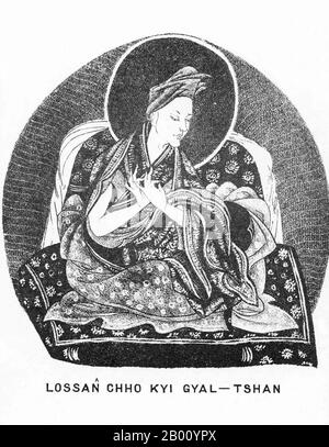 Cina/Tibet: Lobsang Chökyi Gyaltsen, 4° Panchen lama (1570–1662). Illustrazione di Sarat Chandra Das (1849-1917), 1882. Il Panchen lama è il lama di più alto rango dopo il Dalai lama nella setta Gelugpa (DGE-lug-pa) del Buddismo tibetano (la setta che controllava il Tibet occidentale dal XVI secolo fino all'imposizione della sovranità cinese nel 1951). I successivi lamas di Panchen formano un lignaggio di reincarnazione tulku che si dice siano le incarnazioni del Buddha di Amitabha. Foto Stock