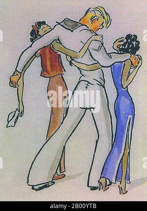 Cina: Due ragazze singsong in abiti alla moda cheongsam accompagnano un marinaio statunitense ubriaco sulla libertà negli anni '30 a Shanghai. Cartoon di Friedrich Schiff (1908-1968), 1930. Disegno colorato della Vecchia Shanghai, cartone animato d'epoca di Friedrich Schiff, un ebreo austriaco che visse a Shanghai negli anni trenta e 40. Nel 1930 Schiff visitò Shanghai e finì per vivere lì per 14 anni, fino al 1947 quando si trasferì a Buenos Aires. Foto Stock