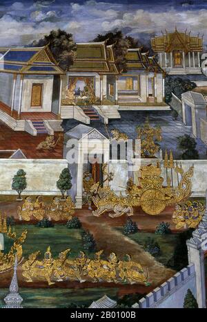 Thailandia: Hanuman trova Sita in cattività, Ramakien (Ramayana) murales, Wat Phra Kaeo (Tempio del Buddha di Smeraldo), Bangkok. Il Ramayana è una storia antica come il tempo e - almeno nel subcontinente indiano e in gran parte del sud-est asiatico - di popolarità senza pari. Più di duemila trecento anni fa lo studioso-poeta Valmiki si sedette per scrivere il suo epico definitivo di amore e guerra. Il Ramakien è la versione tailandese di questo epico e ha un'influenza importante sulla letteratura, l'arte e il dramma thailandesi. È considerato l'epica nazionale della Thailandia. Foto Stock