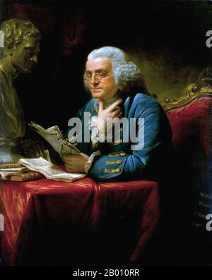 USA: Benjamin Franklin (17 gennaio 1706 – 17 aprile 1790) uno dei padri fondatori degli Stati Uniti. Olio su tela dipinto di David Martin (1737-1797), 1767. Un dipinto di Benjamin Franklin (1706–1790) che indossa una tuta blu con elaborata treccia d'oro e bottoni, un grido lontano dal vestito semplice che ha colpito quando ha servito come ambasciatore in Francia negli anni successivi. Durante il suo periodo a Londra, Franklin era la voce principale degli interessi americani in Inghilterra. Scrisse saggi popolari per conto delle colonie e fu strumentale per assicurare l'abrogazione del Stamp Act del 1765. Foto Stock