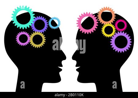 Due teste dipinte di acquerello. Affacciate l'una sull'altra con ingranaggi colorati isolati su sfondo bianco. Pensiero e concetto di comunicazione. I generato digitale Foto Stock