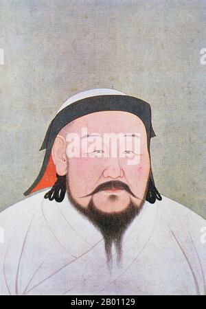 Mongolia/Cina: Kublai Khan (r.1260-1294), V Khagan dell'Impero Mongolo. Fondatore e primo imperatore Yuan Shizu. Ink on Silk album Portrait di Araniko (1244-1306), 1294. Kublai Khan (Hūbìliè, 23 settembre 1215 – 18 febbraio 1294) è stato il quinto Grande Khan dell'Impero mongolo dal 1260 al 1294 e fondatore della dinastia Yuan nell'Asia orientale. Come secondo figlio di Tolui e Sorghtani Beki e nipote di Gengis Khan, rivendicò il titolo di Khagan dell'Ikh Mongol ULS (Impero Mongolo). Nel 1271, Kublai fondò la dinastia Yuan e divenne Imperatore della Cina. Foto Stock