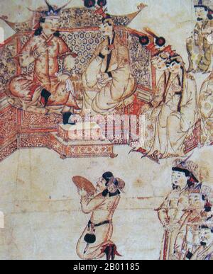 Iran/Mongolia: Ghazan Khan (r.1295-1304) con sua moglie Kokochin (Kokachin) a corte, 13 ° secolo. Kokachin era una principessa mongolo del XIII secolo della dinastia Yuan in Cina, appartenente alla tribù dei Mongol Bayaut. Nel 1291 fu tradita dall'Ilkhanate khan Arghun dal Mongol Great Khan Kublai. Ciò seguì una richiesta di Arghun al suo zio Kublai di mandargli un parente della moglie morta, e Kublai scelse il Kökötchin di 17 anni, affidando Marco Polo a lei come suo ultimo incarico. Arghun morì prima che arrivasse in Persia nel 1293, e così sposò suo figlio Ghazan. Foto Stock
