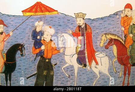 Iran/Mongolia: Ghazan Khan (r.1295-1304) da bambino, tra le braccia di suo padre Arghun, in piedi accanto al padre di Arghun Abaqa, montato su un cavallo. Illustrazione di Rashid al-DIN Hamadani (1237-1318), inizio 14 ° secolo. Mahmud Ghazan (1271–1304) fu il settimo capo della divisione Ilkhanate dell'Impero Mongolo nell'Iran moderno dal 1295 al 1304. Era figlio di Arghun e Quthluq Khatun, continuando una linea di governanti che erano discendenti diretti di Ghis Khan. Considerato il più importante degli Ilkhans, è meglio conosciuto per aver fatto una conversione politica all'Islam nel 1295 dopo la sua incoronazione Foto Stock