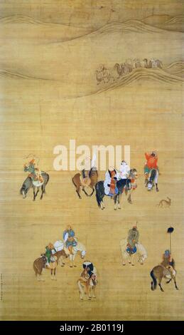 Cina: Kublai Khan a caccia a cavallo. Pittura a chiocciola sospesa di Liu Guandao (1258-1336), 1280. Pittura cinese di rotolo Liu Kuan-tao che mostra una carovana di cammello che porta tappeti sullo sfondo con l'imperatore di Mongol Kublai Khan a caccia in primo piano; nota ghepardo di caccia sul retro della sella. Foto Stock