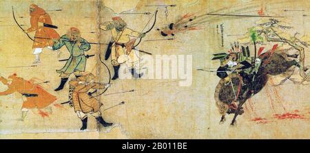 Giappone: Il samurai Takezaki Suenaga di fronte Mongol frecce e bombe. Pittura dal handscroll illustrato 'Moko Shurai Ekotoba' ('conto illuminato dell'invasione mongolo'), c. 1293. Le invasioni mongolo del Giappone del 1274 e del 1281 furono le principali invasioni militari intraprese da Kublai Khan per conquistare le isole giapponesi dopo la sottomissione della Corea. Nonostante il loro ultimo fallimento, i tentativi di invasione sono di importanza storica, perché hanno fissato un limite all'espansione Mongol, e si classificano come eventi che definiscono la nazione nella storia giapponese. Foto Stock