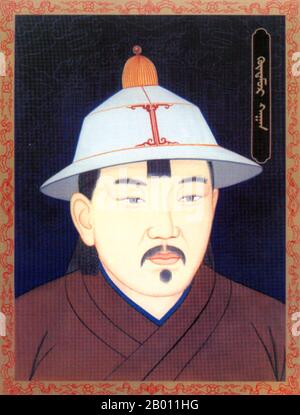 Mongolia: Tempur pistola, khan della dinastia Yuan del Nord (r.1400–1402), 20 ° secolo. Gun Temur (1377–1402) è stato il Khagan mongolo della dinastia Yuan settentrionale in Mongolia. Governò dal 1400 al 1402. Nel 1402 fu sconfitto e ucciso da Gulichi. Diversi mesi dopo la sua morte, gli successe il fratello minore Oljei Temur Khagan Bunyashiri. Il figlio maggiore di Elbeg Niguulsegch Khan, Guntumur è nato nel 1377, l'anno del serpente rosso. Salì al trono nel 1400, sebbene la divisione tra gli Oirati e i Mongoli fosse ancora maggiore durante il suo regno. Foto Stock