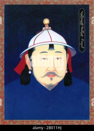 Mongolia: Oljei Temur, khagan della dinastia Yuan settentrionale (r.1408–1411), XX secolo. Oljei Temur Khagan Bunyashiri (1408-1411) è stato l'imperatore mongolo di Borjigin Mongolia. Era figlio di Elbeg Nigulesugchi Khan e fratello minore di Gun Temur Khan. Fu uno dei principi Borjigini, come Tokhtamysh e Temur Qutlugh, sostenuto da Tamerlane per impadronirsi del trono. Conosciuto anche come Ulzitumur Khan, il fratello minore di Guntumur è nato nel 1378, l'anno del cavallo giallo. Nel 1408, l'anno del ratto giallo assunse il trono e dedicò tutta la sua vita alla lotta contro la dinastia Ming. Foto Stock