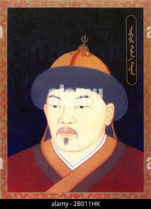 Mongolia: Orug Temur, aka Gulichi, khagan della dinastia Yuan del Nord (r.1403-1408), 20 ° secolo. Conosciuto anche come Ugechi Khashikha/Ugch Hashha Khan, prese il trono nel 1403, l'anno delle pecore nere. Era il capo degli Oirat, del clan di Torguud/Torghud, e potrebbe essere stato un discendente di Ogedei Khan. Abolì il nome della dinastia Yuan nel tentativo di placare la dinastia Ming della Cina, un atto che infuriò molti dei clan mongoli. Orug fu sconfitto da Oljei Temur Khan nel 1403, e fu ucciso nel 1408, l'anno del ratto giallo. Foto Stock