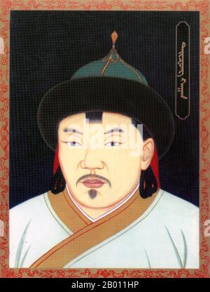 Mongolia: Tayisung Khan Toghtoa Bukha (r. 1439–1453), khagan della dinastia Yuan del Nord, XX secolo. Taisun Khan/Tayisung Khan Toghtoa Bukha (1416-1453) fu incoronato khagan nel 1433 dagli Oirati della Mongolia Occidentale, che volevano usarlo come pedina. Combatté contro Adai Khan, il khagan dei clan mongoli orientali e centrali, per cercare di riunire la Mongolia, uccidendolo nel 1438. Ha combattito la guerra contro la Cina di Ming come parte delle sue ambizioni per ripristinare la gloria dell'impero mongolo, persino catturando l'imperatore di Zhengtong. Tuttavia, fu tradito dal fratello minore Agbarjin e morì nel 1453. Foto Stock