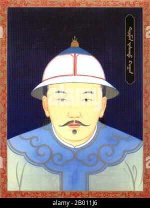 Mongolia: Tumen Jasagtu Khan. Khagan della dinastia Yuan del Nord (r. 1558-1592), 20 ° secolo. Tumen Jasagtu/Zasagt Khan (1539-1592) è stato un khagan della Mongolia che regnò dal 1558 al 1592. Fu il successore di Darayisung Godeng Khan e regnò direttamente sul Chahar. A differenza di suo padre, riuscì ad unire tutti i Mongoli, compresi i Mongoli occidentali, senza grandi spargimenti di sangue. Adottò il buddismo tibetano e fece riforme per le leggi statali. Ha anche perquisito più volte la Cina Ming e ha conquistato nuove terre e popoli. Foto Stock