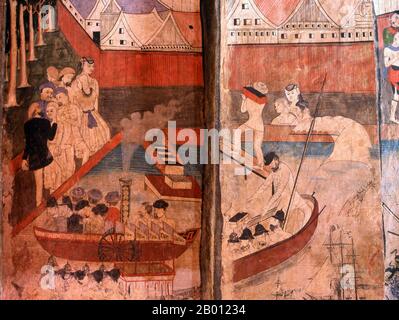 Thailandia: Il primo arrivo degli europei sbarcando da una nave a vapore, mural del 19 ° secolo, Wat Phumin, Nan, Thailandia del Nord Wat Phumin è stato costruito nel 1596 ed è famoso per il suo ubosoth cruciforme e ben conservati murales Tai Lue raffiguranti la vita quotidiana nel 19 ° secolo. Nan risale alla metà del XIV secolo e per gran parte della sua storia era un regno isolato. La città odierna si estende lungo la riva destra del fiume Nan. Foto Stock