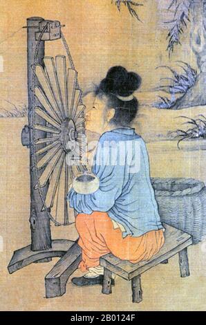 Cina: "La ruota che gira". Dettaglio della pittura a mano di Wang Juzheng (fl. 11 ° secolo), Dinastia Song Settentrionale (960-1127), primi 11 ° secolo. 'La ruota girevole', in alternativa intitolata 'la realizzazione del tessuto di seta', raffigura una scena con due donne, un bambino e un cane da abbaiare. Foto Stock