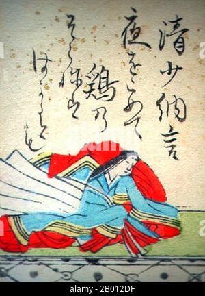 Giappone: Sei Shonagon (c.. 966-1017/1025) autore giapponese e signora di corte dell'era centrale di Heian. Ritratto da una carta da gioco uta-garuta per 'Hyakunin Isshu' (antologia delle poesie), periodo Edo (1600-1868). Sei Shonagon (c.. 966-1017/1025) è stato un autore giapponese e una signora di corte che ha servito l'imperatrice Teishi (l'imperatrice Sadako) intorno all'anno 1000 durante il periodo centrale di Heian. È meglio conosciuta come l'autore del libro di Pilow 'Makura no Soshi', una collezione di liste, pettegolezzi, poesia, osservazioni e qualsiasi altra cosa che ha trovato di interesse durante i suoi anni a corte. Foto Stock