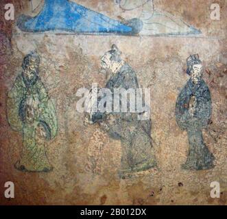 Cina: Laozi (Lao Tzu, c.. 6 ° secolo a.C., a sinistra), incontro con Confucio (Kong Zi, K'ung-tzu, K'ung-fu-tzu, 551–479 a.C.) in un affresco della dinastia Han (206 a.C.–220 d.C.) della contea di Dongping, nella provincia di Shandong. L'affresco, dipinto con colori blu, verde, nero e rosso, si trova sulle pareti di una tomba in un vecchio cortile residenziale nella contea di Dongping, Shandong sud-occidentale, e si stima abbia circa 2,000 anni. Foto Stock