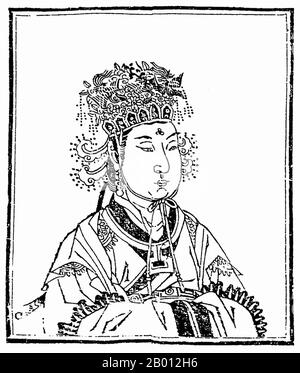 Cina: WU Zetian (624-705), imperatrice Regnant della dinastia Zhou (690-705). WU Zetian (624-705), nome personale Wu Zhao, spesso chiamato Tian Hou durante la dinastia Tang e l'imperatrice Consort Wu in tempi successivi, fu l'unica donna nella storia della Cina ad assumere il titolo di imperatrice Regnant. Come governante de facto della Cina prima attraverso suo marito e i suoi figli dal 665 al 690, non senza precedenti nella storia cinese, ha poi rotto tutti i precedenti quando ha fondato la sua propria dinastia nel 690, lo Zhou (interrompendo la dinastia Tang), E governò direttamente sotto il nome di Imperatrice Sacra e Divina Regnant. Foto Stock