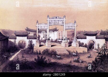 Cina: Il portico di Simao Pagoda. Incisione di Louis Delaporte (1842-1925), 1867. Questa illustrazione di Louis Delaporte è una delle dozzine che ha prodotto durante la sua avventura biennale (1866-68) con la Commissione esplorativa di Mekong patrocinata dal Ministero della Marina francese, la cui intenzione era quella di gettare le basi per l'espansione delle colonie francesi in Indocina. Viaggiando per il Mekong in barca, la piccola delegazione francese viaggiò da Saigon a Phnom Penh a Luang Prabang, poi più a nord nelle acque inesplorate dell'Alto Laos e della provincia cinese di Yunnan, prima di ritornare ad Hanoi. Foto Stock