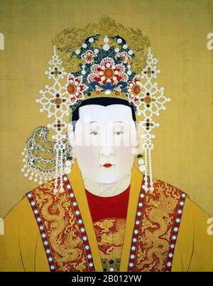 Cina: Imperatrice Xiao Gong Zhang (1403 - 4 settembre 1462), consorte del 5° imperatore Ming Xuande (r. 1425-1435). Pittura a chiocciola sospesa, XV-XVII secolo. L'imperatrice Sun (1403-1462), ex imperatrice Xiaogongzhang, fu consorte dell'Imperatore Xuande della Dinastia Ming. Divenne imperatrice Dowager quando Xuande morì sudddenly nel 1435, e suo figlio divenne l'imperatore Yingzong. Ha viato con la sua suocera, l'imperatrice Dowager Zhang, per influenza ma inizialmente è stata emarginata. Suo figlio condusse una disastrosa campagna che vide centinaia di migliaia di soldati Ming uccisi e catturati dai Mongoli. Foto Stock