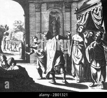 Cina: L'imperatore Chongzhen uccide sua figlia, prima di impiccarsi. Illustrazione in legno di un artista sconosciuto per "De bello Tartarico" di Martino Martini (1614-1661), 1655. Il declino del Ming si intensificò durante il regno di Chongzhen. Le rivolte popolari scoppiarono in tutta la Cina, compresa quella di li Zicheng. Nell'aprile 1644 li si preparò a prendere la capitale Ming di Pechino. Piuttosto che catturare faccia e probabile esecuzione per mano della neo dichiarata dinastia Shun, Chongzhen ha macellato la maggior parte dei suoi membri di famiglia in una festa e poi si è impiccato da un albero sulla collina di Jingshan. Foto Stock