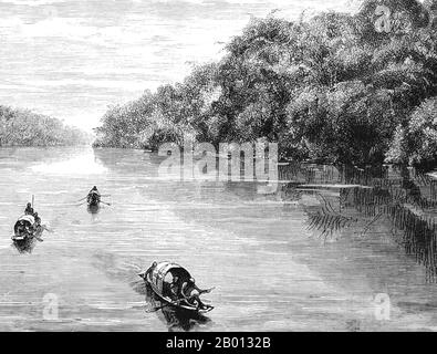 Thailandia Laos: Una spedizione francese che attraversa il fiume Mekong a Bang Hien vicino a Khemarat, sul confine tra Thailandia e Laos. Incisione di Louis Delaporte (1842-1925), 1867. Il fiume Mekong è il dodicesimo fiume più lungo del mondo. Dalla sua fonte himalayana sull'altopiano tibetano, scorre circa 4,350 km (2,703 miglia) attraverso la provincia cinese di Yunnan, Birmania, Laos, Thailandia, Cambogia e Vietnam, Infine drenare nel Mar Cinese Meridionale. La recente costruzione di dighe idroelettriche sul fiume e sui suoi affluenti ha ridotto drasticamente il flusso d'acqua durante la stagione secca nel sud-est asiatico. Foto Stock