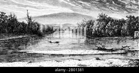 Laos: La foce del fiume se Ngam sul Mekong nel Laos meridionale, vicino alla città di confine Siamese di Nong Khai, ridisegnata da un'incisione di Louis Delaporte (1842-1925), 1867. Il fiume Mekong è il dodicesimo fiume più lungo del mondo. Dalla sua fonte himalayana sull'altopiano tibetano, scorre circa 4,350 km (2,703 miglia) attraverso la provincia cinese di Yunnan, Birmania, Laos, Thailandia, Cambogia e Vietnam, Infine drenare nel Mar Cinese Meridionale. Questa illustrazione era una delle dozzine prodotte da Louis Delaporte durante un'impresa di due anni (1866-68) con la Commissione esplorativa di Mekong. Foto Stock