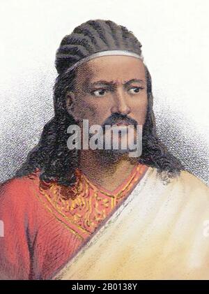 Etiopia: Tewodros II (14 gennaio 1818 - 14 aprile 1868), Imperatore d'Etiopia (r. 1855-1868). Verticale, c. 1860 Tewodros/Teodoro II (1818–1868), battezzato come Sahle Dingil, fu l'Imperatore (ATSE) dell'Etiopia dal 1855 fino alla sua morte. Nacque Kassa Haile Giorgis, ma fu più regolarmente chiamato Kassa Hailu. La sua regola è spesso posta come l'inizio della moderna Etiopia, mettendo fine al Mesafint Zemene decentralizzato (era dei principi). Foto Stock