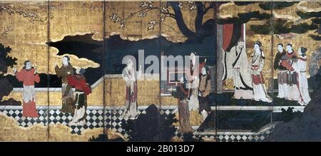 Cina/Giappone: 'L'imperatore cinese Minghuang e la sua concubina Yang Guifei, con gli assistenti su una terrazza'. Pittura byobu-e su schermo pieghevole di Kano Eitoku (1543–1590), XVI secolo. La consorte Yang Yuhuan (1 giugno 719 – 15 luglio 756), spesso conosciuta come Yang Guifei (Guifei essendo il rango più alto per i consorti imperiali), conosciuta brevemente dal nome Taizhen, era conosciuta come una delle quattro bellezze dell'antica Cina. Fu l'amata consorte dell'imperatore Xuanzong di Tang durante i suoi anni successivi. Durante la ribellione di Anshi, mentre l'imperatore Xuanzong fuggiva dalla capitale Chang'an, fu assassinata. Foto Stock