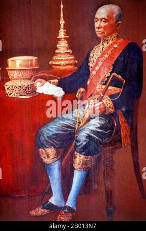 Thailandia: Re Rama IV, Mongkut (18 ottobre 1804 – 1 ottobre 1868), 4° monarca della dinastia Chakri. Olio su tela pittura, c.. 19 ° secolo. Phra Bat Somdet Phra Poramenthramaha Mongkut Phra Chom Klao Chao Yu Hua, o Rama IV, conosciuto in paesi stranieri come Re Mongkut, fu il quarto monarca del Siam (Thailandia) sotto la Casa di Chakri, al potere dal 1851 al 1868. Era uno dei monarchi più venerati del paese. Al di fuori della Thailandia, è meglio conosciuto come il Re nella commedia del 1951 e nel film del 1956 "il Re e i", basato sul film del 1946 "Anna e il Re del Siam". Foto Stock